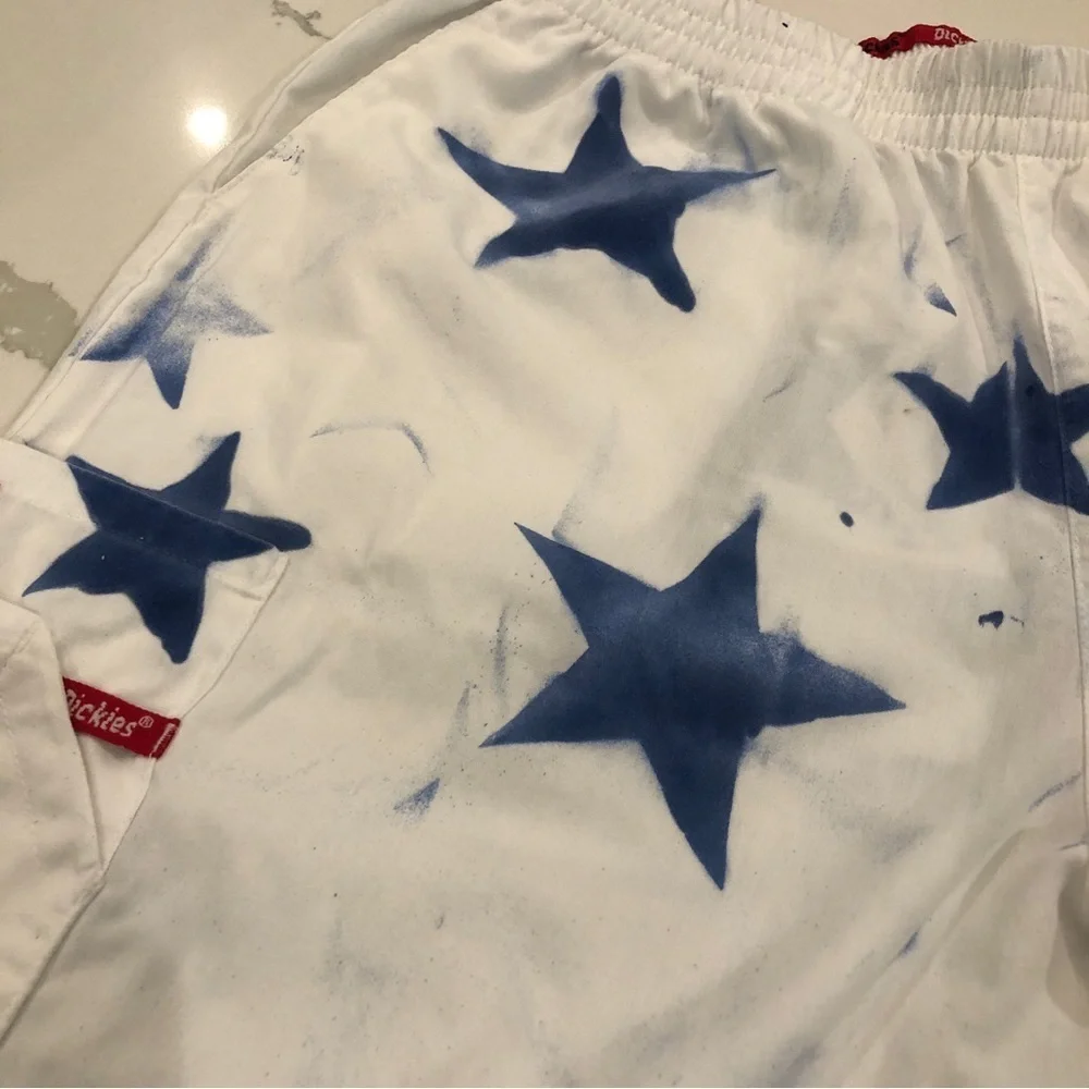 Dickies White Straight Leg Pants with Blue Star Print - Picture 5 of 12